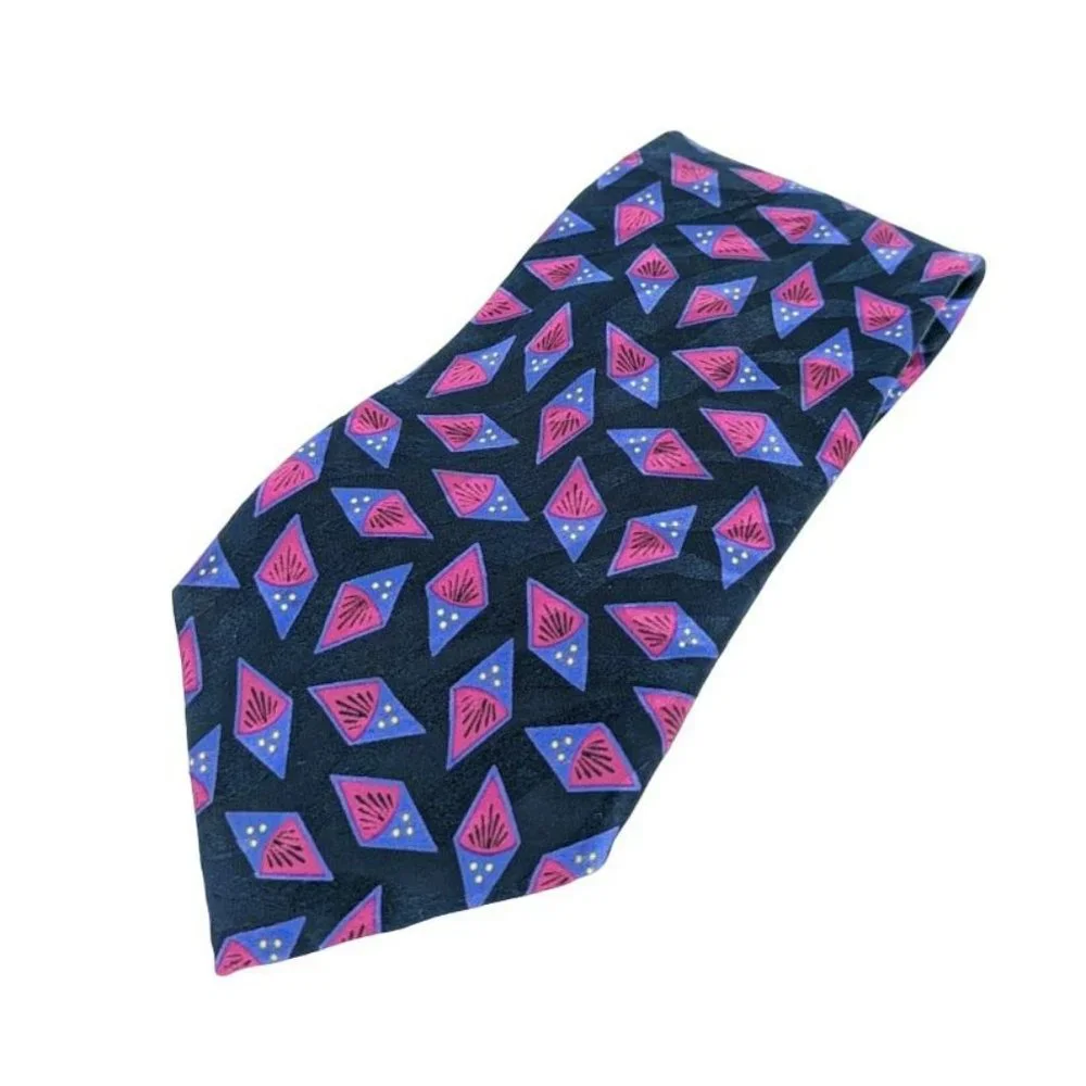 Serica Tie Black Pink Purple Yellow Art Deco Abstract Print Pure Italian Silk